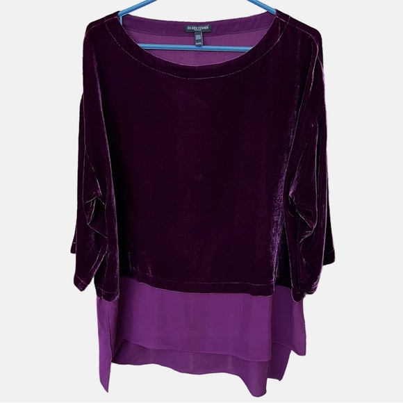 Eileen Fisher Bateau Neck Velvet Rayon Silk Hi-Lo Top In Mauve Sz Petite Large - Picture 1 of 14